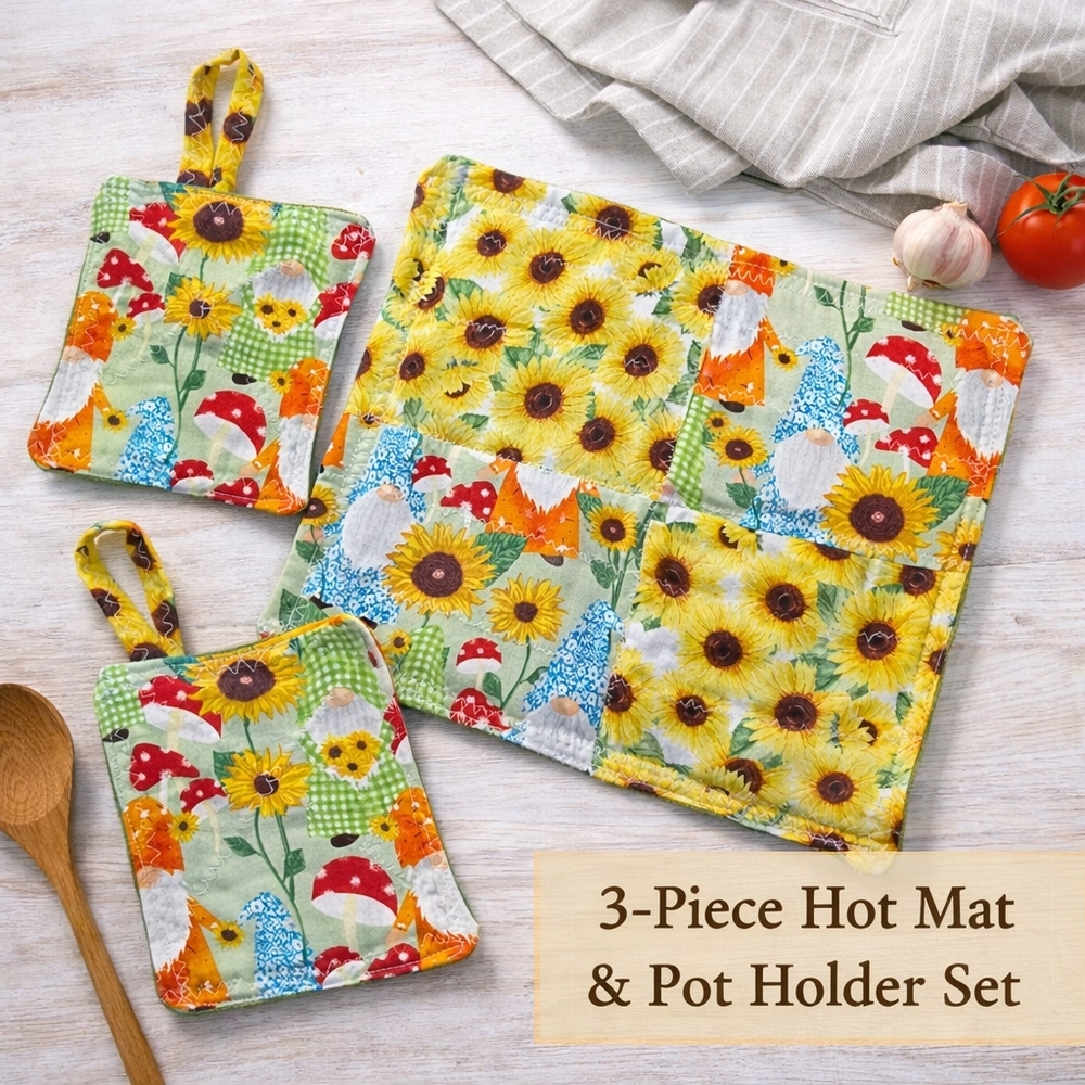 🌻🍄Handmade Quilted 3-Piece Kitchen Set | 2 Pot Holders & Hot Mat | Gnome  🌻🍄
